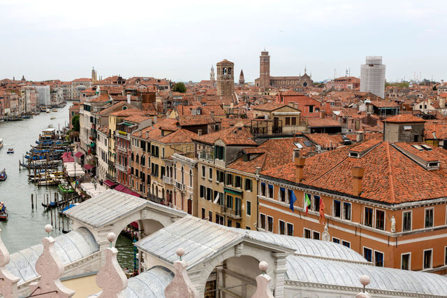 Aerial view of Venice showcasing iconic rooftops and a canal on a cloudy day.
