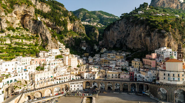 Aerial view of the picturesque town along the Amalfi Coast, Italy.