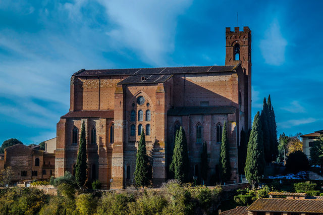 A stunning view of a historic cathedral in Siena, Tuscany, Italy surrounded by lush greenery under a bright blue sky.