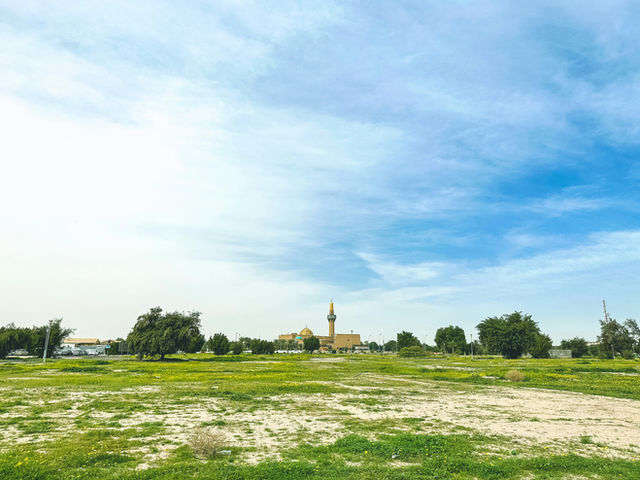 a grassy field with a church in the background