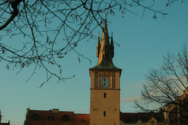 Three views of a historic tower and riverside architecture near Charles Bridge in Prague, captured in soft winter light and framed by bare branches above the Vltava, captured on Fuji Film.