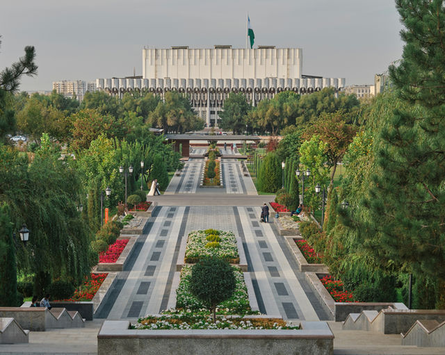 A view from the Alisher Navoi monument to the Istiqlol (Xalqlar Do'stligi) Concert Hall. Tashkent, Uzbekistan.