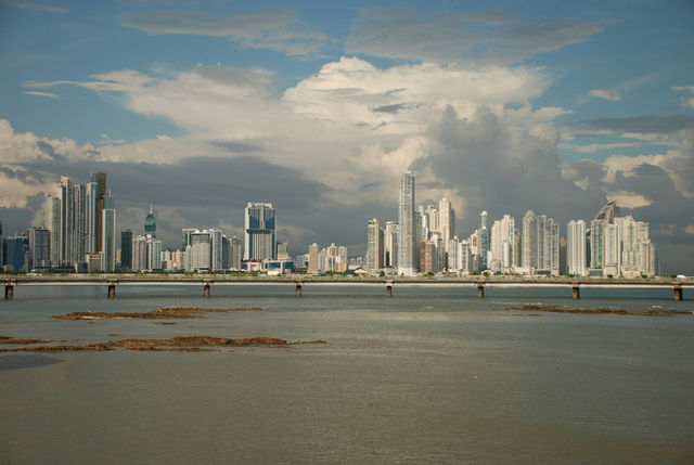 Modern cityscape skyline across the water
