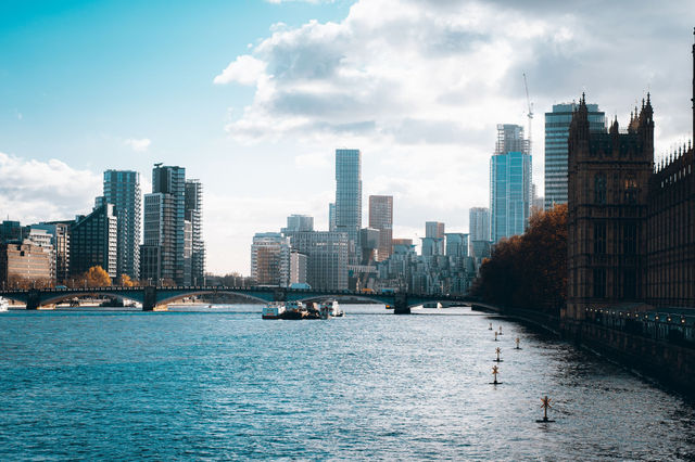 Stunning view of London's skyline and River Thames, featuring iconic landmarks and modern architecture.