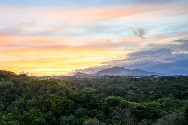 Sunset over a lush forest with distant mountains.