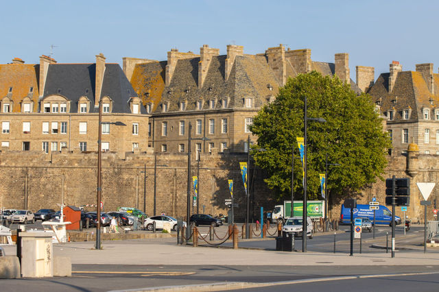View of historic buildings and city wall in Saint-Malo, Brittany, France.