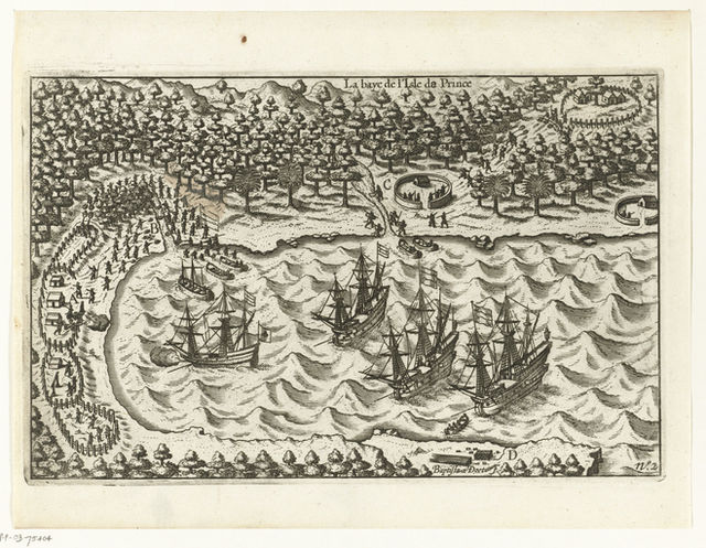 IdentificatieTitel(s): Beschieting van Portugezen op Principe, 1598. La baye de l'Isle de Prince (titel op object)Objecttype: prent nieuwsprent Objectnummer: RP-P-OB-75.404Catalogu
