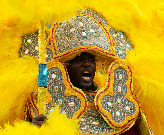 A Mardi Gras Indian in yellow plumes — New Orleans, Super Sunday