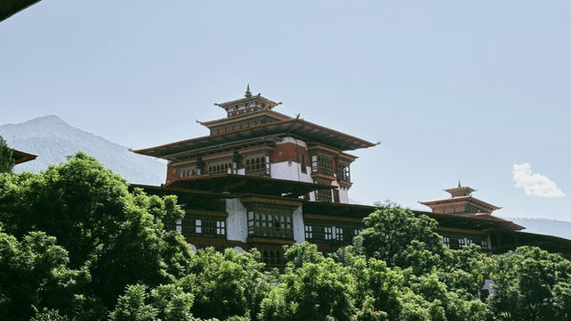 The grand Punakha Dzong rises above green treetops, its intricate Bhutanese architecture glowing under a bright sky with the Himalayan mountains forming a majestic backdrop.