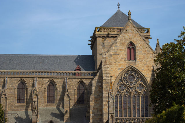 A stunning view of the Gothic architecture of Dol Cathedral in Dol-de-Bretagne, Brittany, France.