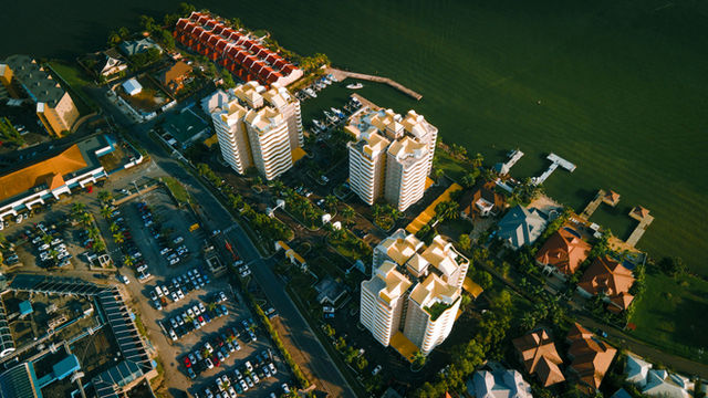 aerial view of city buildings during night time
