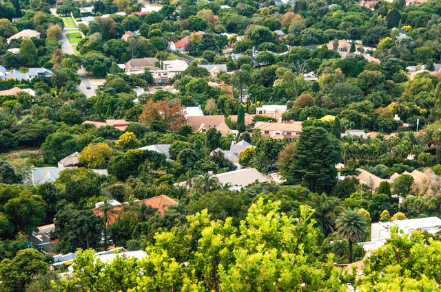 A lush aerial view of a suburban neighborhood surrounded by greenery in South Africa.