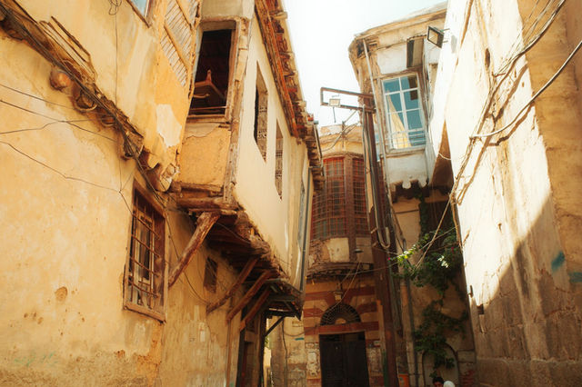 Charming old buildings and narrow alleyways in historic Damascus, Syria.