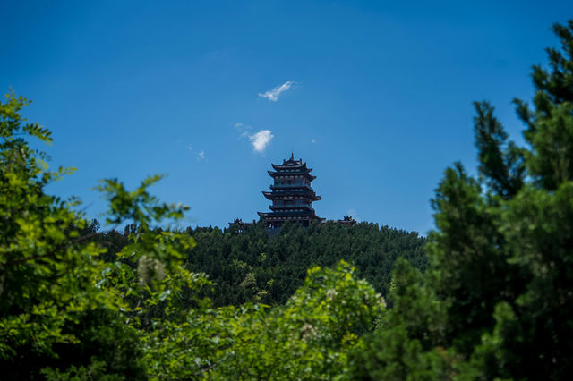 Traditional building on a tree-covered hill under a blue sky.