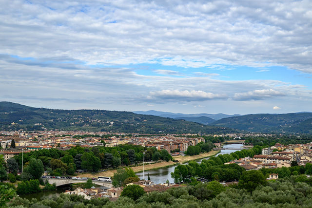 Stunning panoramic view of Florence, Italy with the winding Arno River and beautiful landscape.