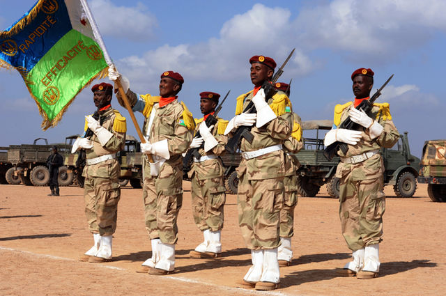 Members of the Djibouti Army stand at attention at the closing ceremonies of the multi-national, Eastern Africa Standby Force Field Training Exercise in Grand Bara, Djibouti, Decem