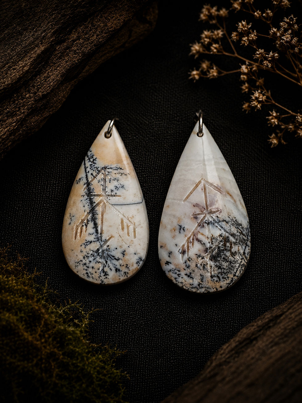 Miniature : Pendentif Agate Dendrite gravé — Sigil du Sanctuaire
