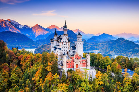Neuschwanstein Castle (Schloss Neuschwanstein) Bavaria. Fussen, Germany. Front view of the