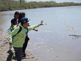 kids, flower petals, river, Rio Grande, ceremony, outside