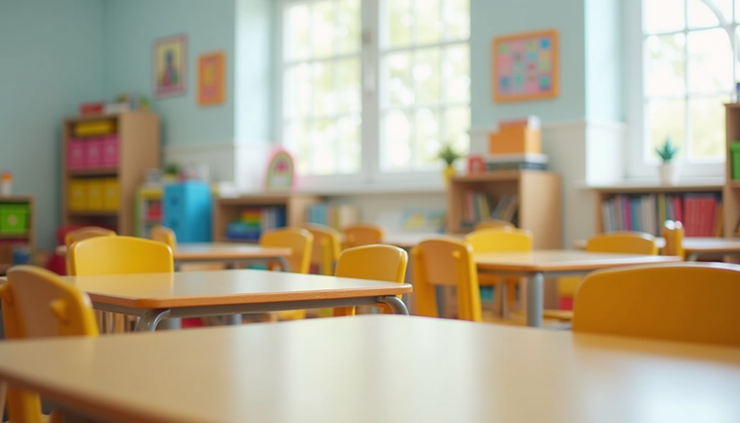 Eye-level view of a colorful preschool classroom with child-sized furniture and learning materials