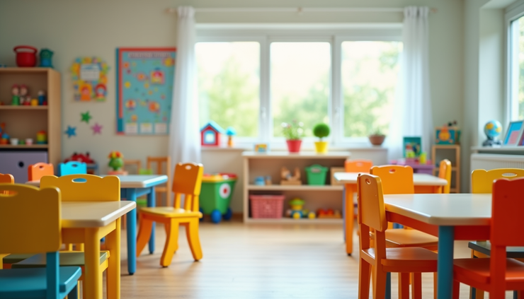 Eye-level view of a bright preschool classroom with colorful furniture and learning materials