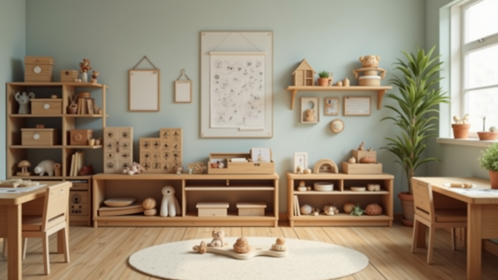 Close-up view of a small preschool classroom with Montessori materials neatly arranged