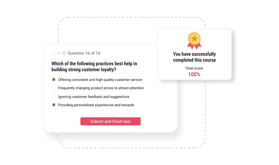 Partner training LMS quiz and assessment feature improving knowledge retention with interactive tests and course completion tracking.