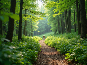 A serene hiking trail through a vibrant forest.