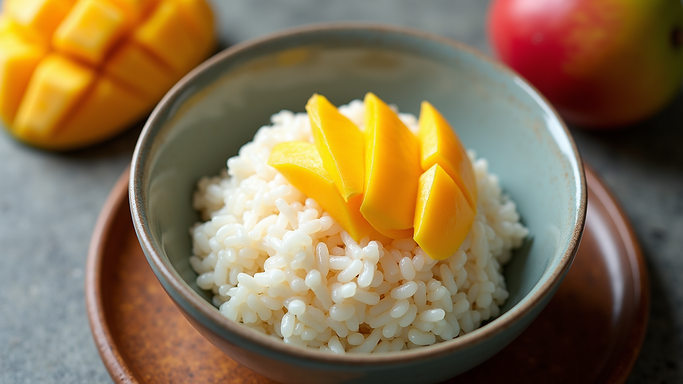 High angle view of a bowl of Mango Sticky Rice with fresh mango slices