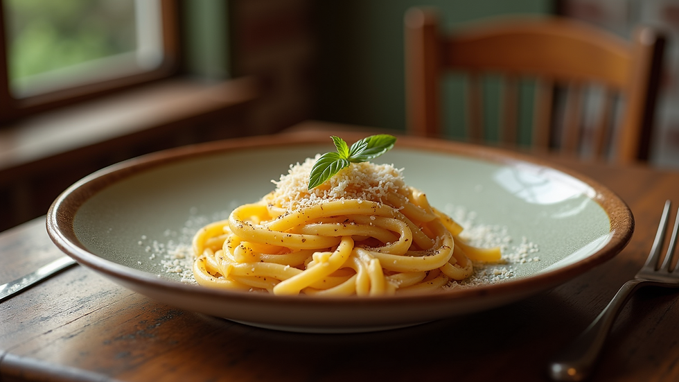Eye-level view of a plate of Cacio e Pepe