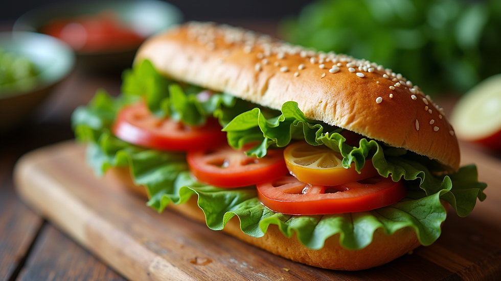 Eye-level view of a Banh Mi sandwich filled with fresh ingredients