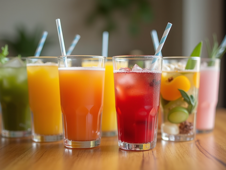A selection of functional beverages showcasing vibrant colors and diverse ingredients