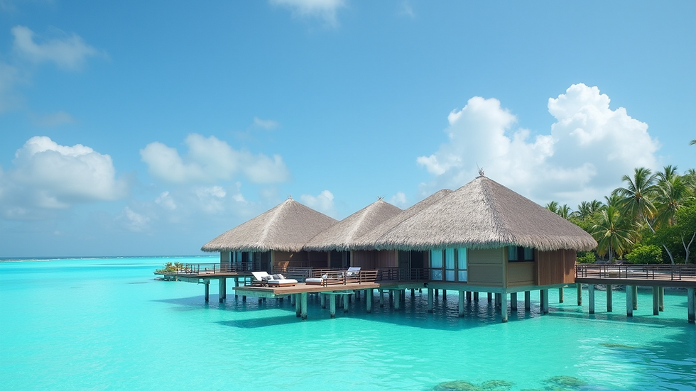 Wide angle view of a luxurious overwater bungalow in the Maldives