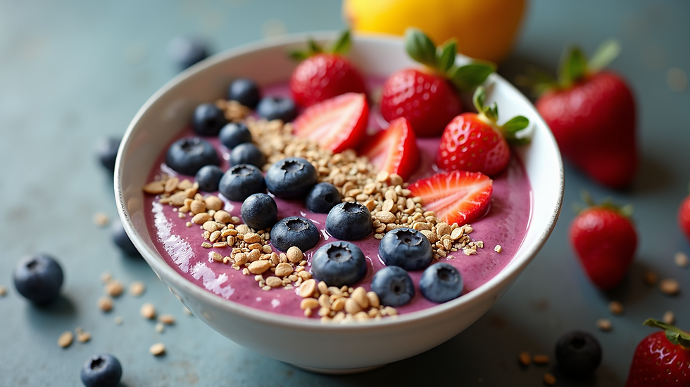 High angle view of a colorful smoothie bowl topped with fruits and seeds