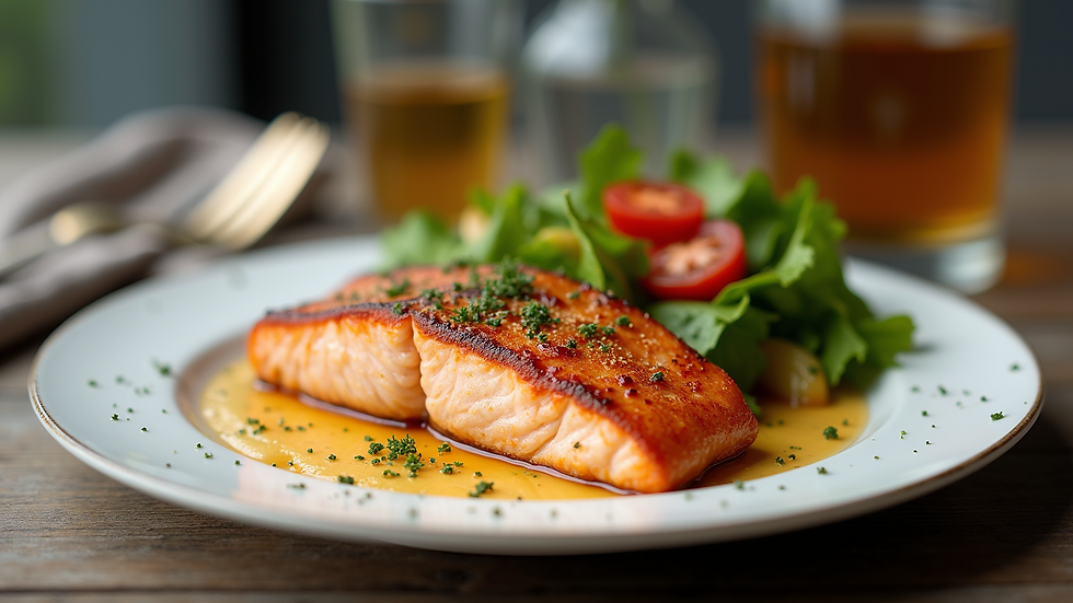 Eye-level view of a plate of grilled salmon with vegetables