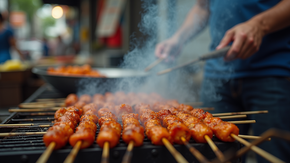 Eye-level view of a street vendor grilling Suya skewers