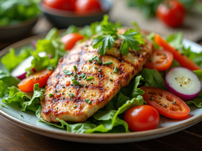 A colorful grilled chicken salad with fresh vegetables