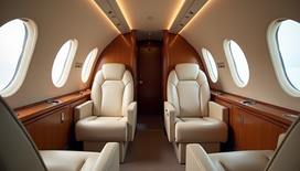 Luxurious private jet interior with plush seating