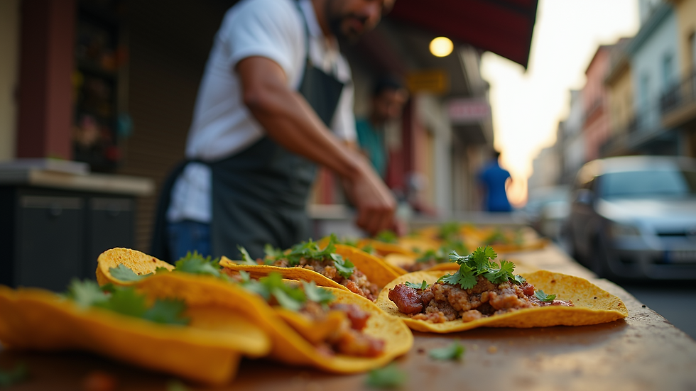 Eye-level view of a street vendor preparing tacos in Mexico City