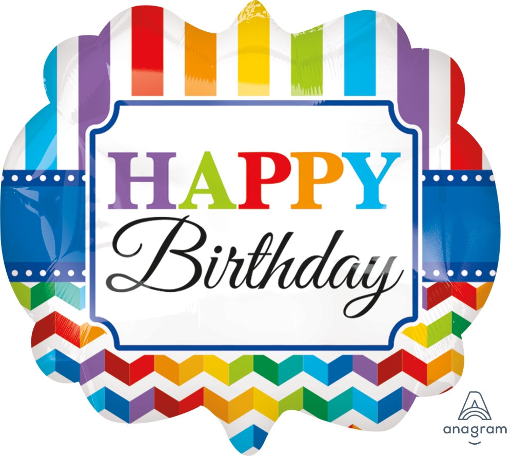 40" Rainbow Colour Stripes & Zigzag Pattern HBD Badge Helium Balloon - hb31