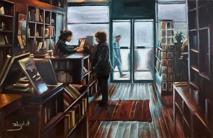 Bookseller, huile sur toile de Ludovic Zbylut, scène cinématographique dans une bibliothèque new-yorkaise, tons froids et lumière éclatante