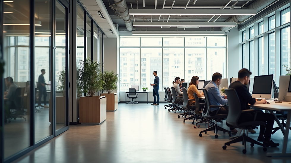 Wide angle view of a modern office space with collaborative work areas