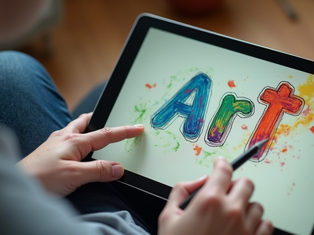 hands holding a tablet and stylus with a colorful "ART" word art image on the screen.