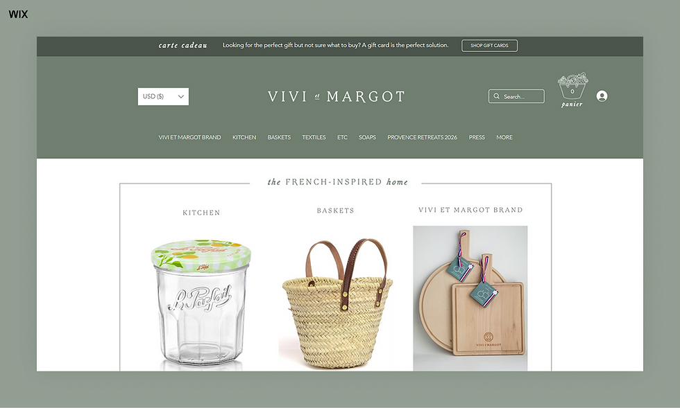 VIVI et MARGOT webpage displays kitchen jar, woven basket, wooden boards. Green background with menu items. French-inspired theme.