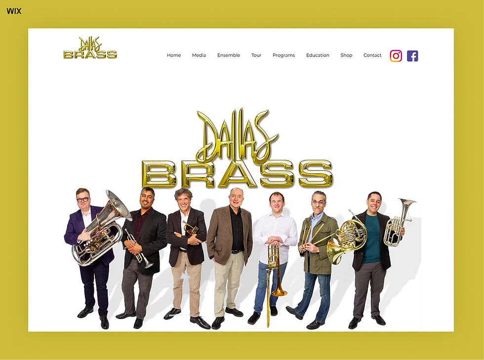 Seven men with brass instruments stand smiling under a "Dallas Brass" logo on a white background. Links and social icons at the top.