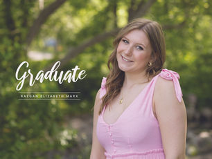 a high school graduation announcement created by a senior photographer showcasing a high school portrait of a blonde girl in a pink dress in front of trees