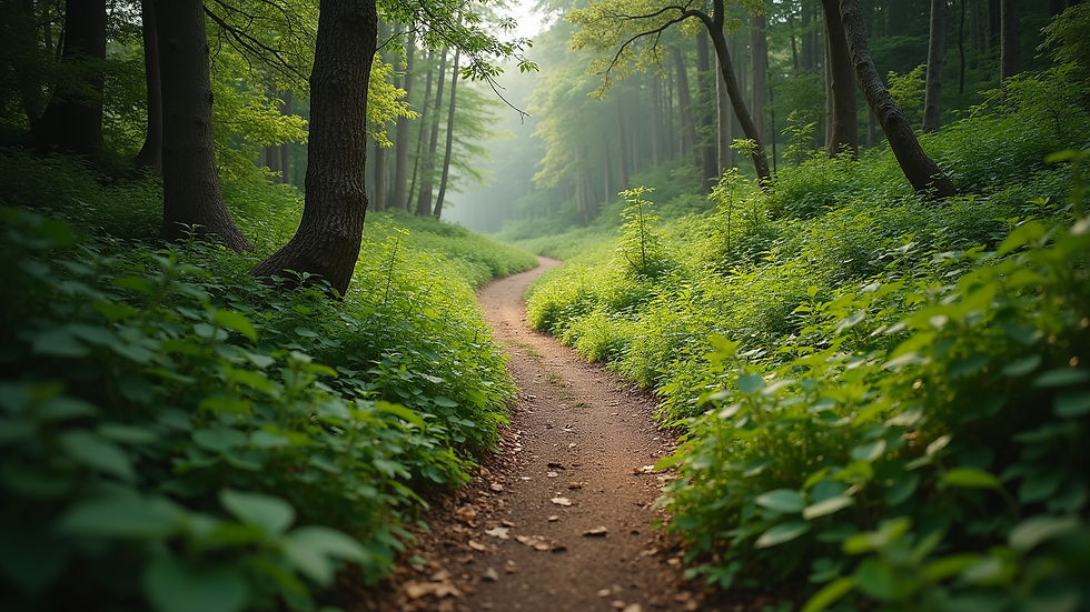 High-angle view of a serene hiking trail surrounded by lush greenery