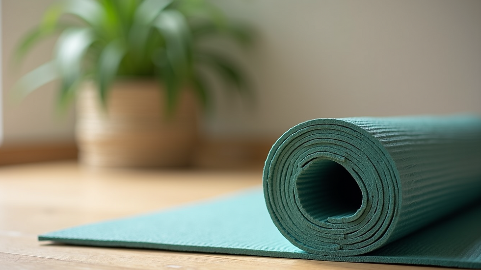 High-angle view of a neatly rolled yoga mat with a plant in the background, part of your fitness apparel setup.