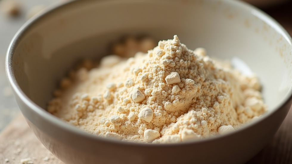 Close-up view of a scoop of protein powder in a bowl