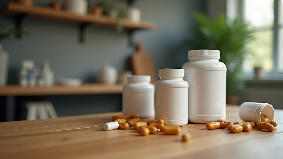 High angle view of supplement containers on a wooden table